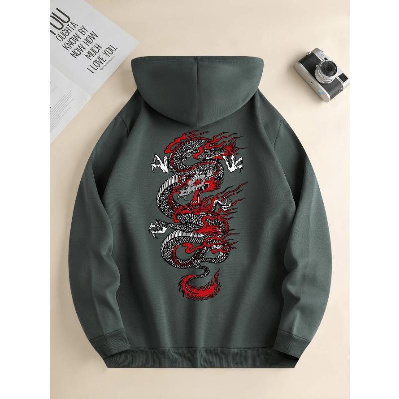 Men's Fashion Hoodie Casual Daily Drawstring Hooded Sweatshirt Dragon Print Front Kangaroo Pocket Men's Jacket Hoodies & Sweatshirts Men’s