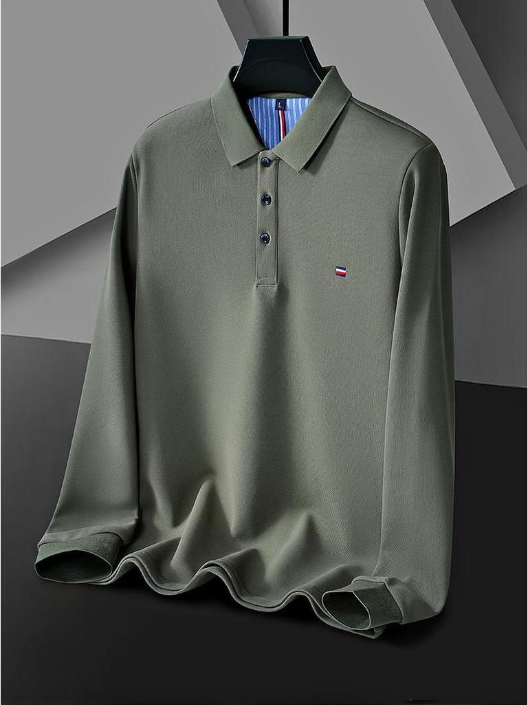 Men's Fleece-Lined Turn-Down Collar Long-Sleeve Polo Shirt - Autumn/Winter Casual Embroidered Warm Top