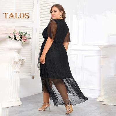 Женское платье больших размеров с V-образным вырезом, коротким рукавом, эластичным поясом и струящимся подолом, однотонное повседневное вечернее платье средней длины