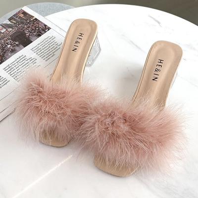 Женские меховые тапочки. Роскошная обувь на массивном каблуке на среднем каблуке. Женские сандалии с квадратным носком. Новые весенне-летние повседневные женские шлепанцы.