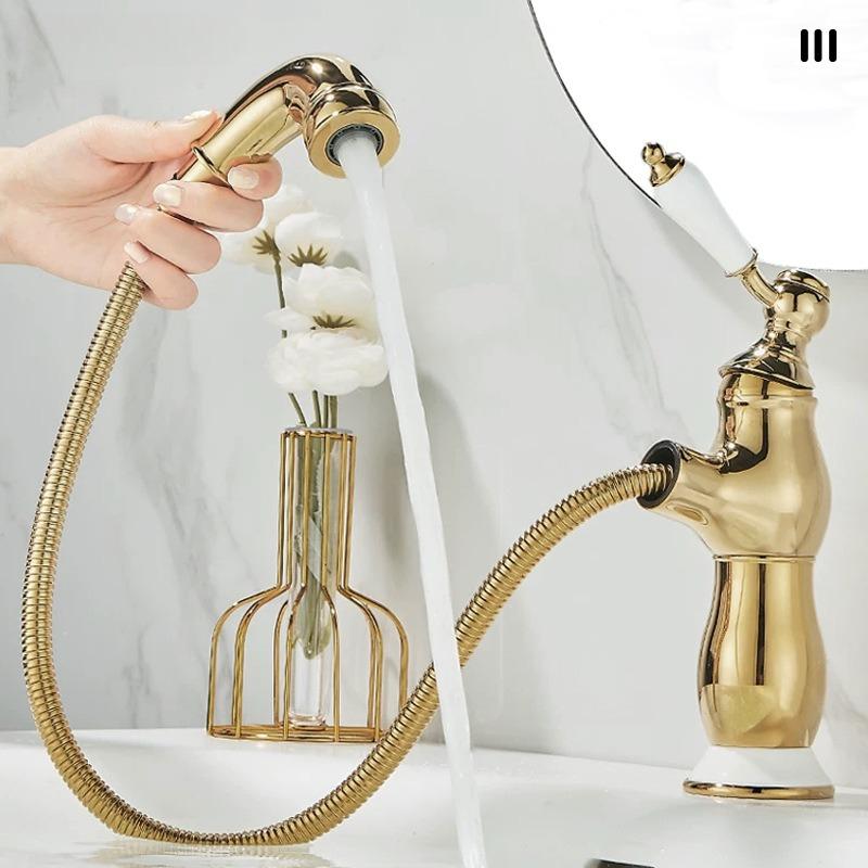 Retro brass pull-out faucet with single-hole cold and hot water spout
