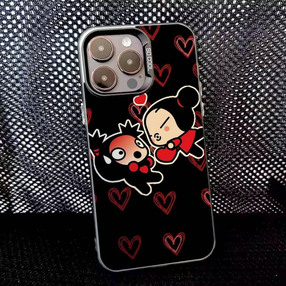 Милый чехол для телефона Pucca с сердечками для iPhone 16,15,14,13,12,11,8,7, Pro, Max, Plus, Mini, XS, SE, противоударный, черный, матовый, жесткий