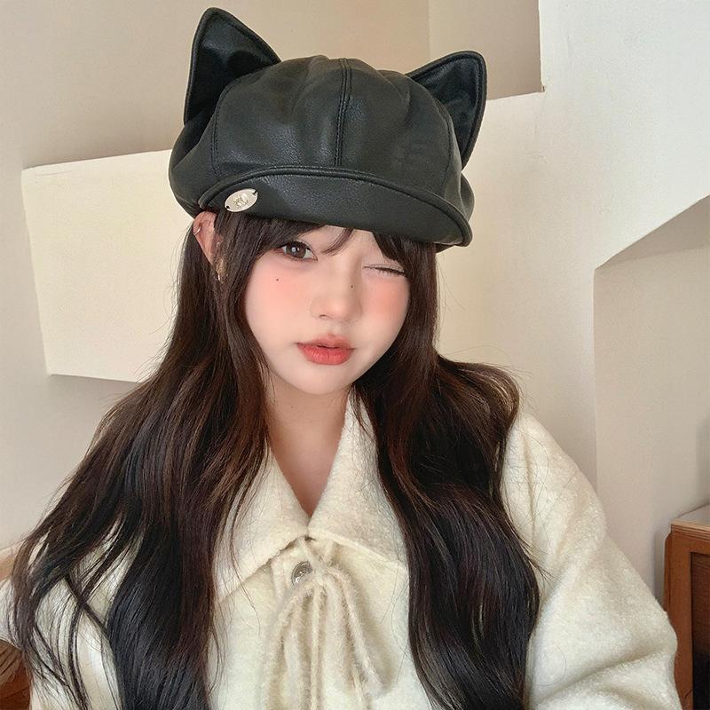 Niche design cat ears black beret female sweet and cute versatile big head circumference octagonal cloud newsboy hat