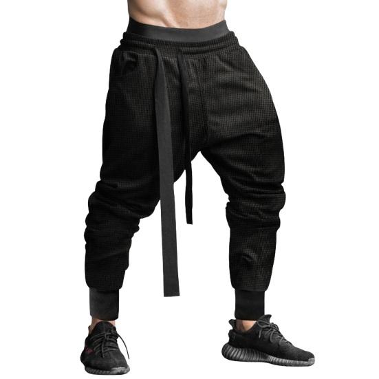 Spring Fall Men Harem Pants Loose Drawstring Elastic Waist Pockets Ankle-banded Solid Color Sport