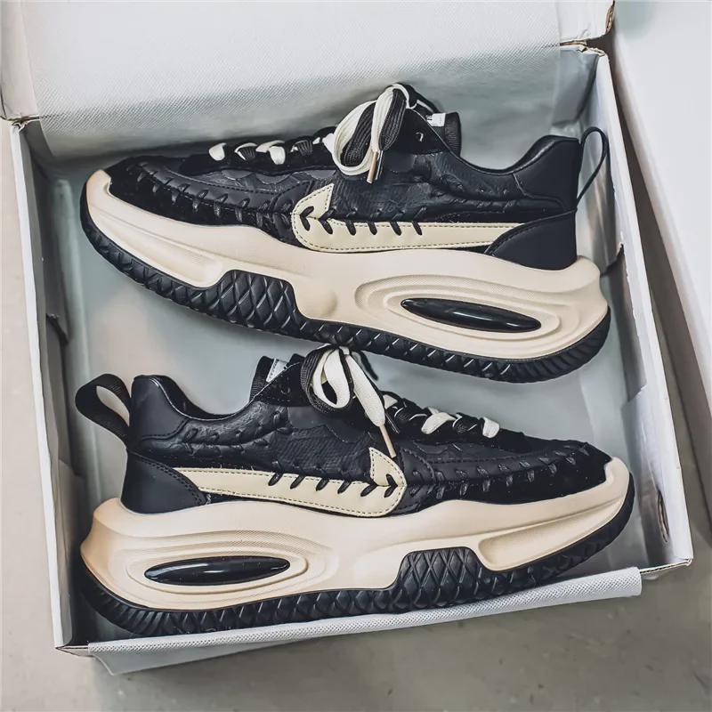 Повседневная мужская спортивная обувь TikTok — толстая подошва, кожаные кроссовки Dad, увеличивающие рост, студенческая обувь с низким верхом