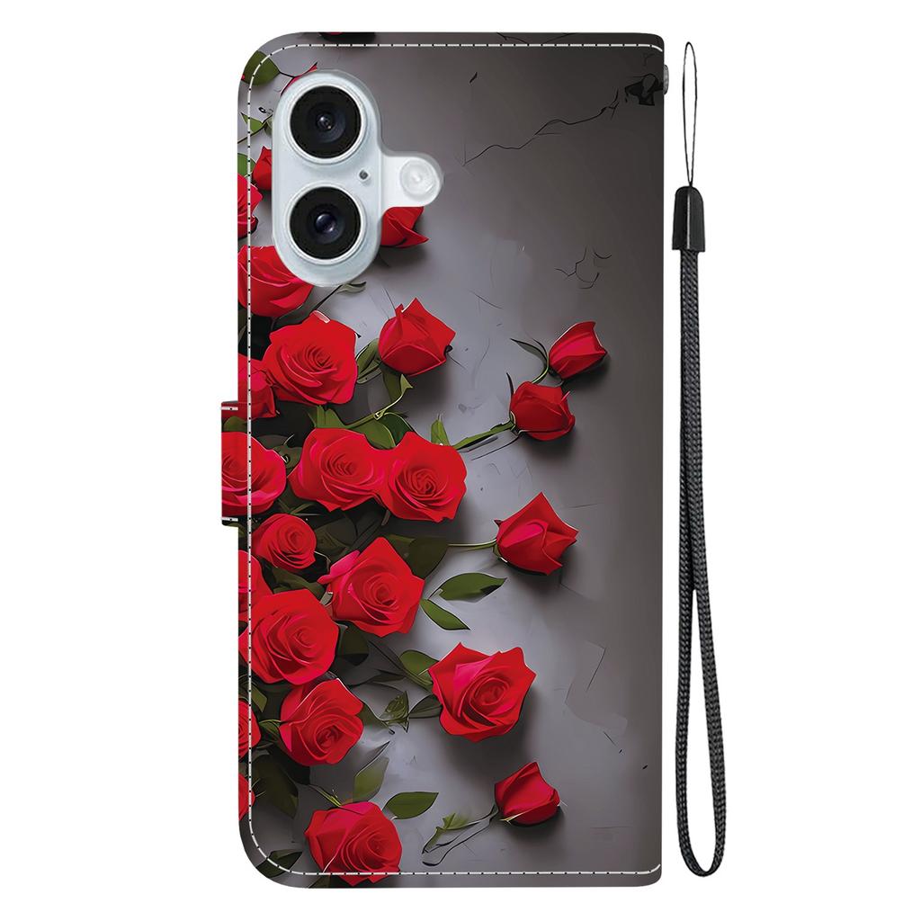 For iPhone 16 Leather Case Stand Wallet Pattern Printing Phone Cover with Wrist Strap