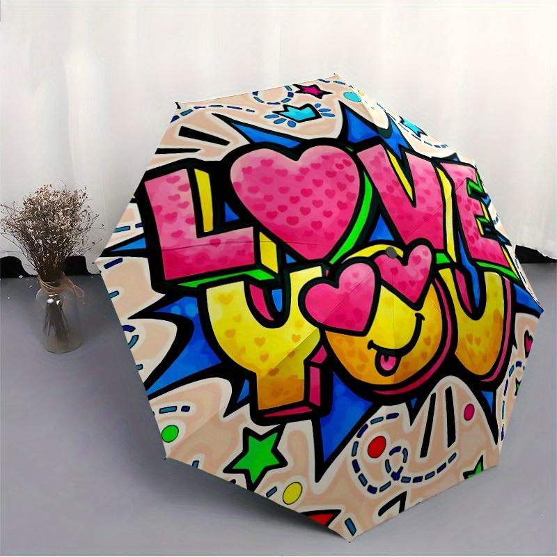 1pc Love You Sticker Automatic Folding Umbrella - 8-Rib Iron Frame, Windproof, Portable Sunshade with Plastic Handle for Travel & Outdoor Ac