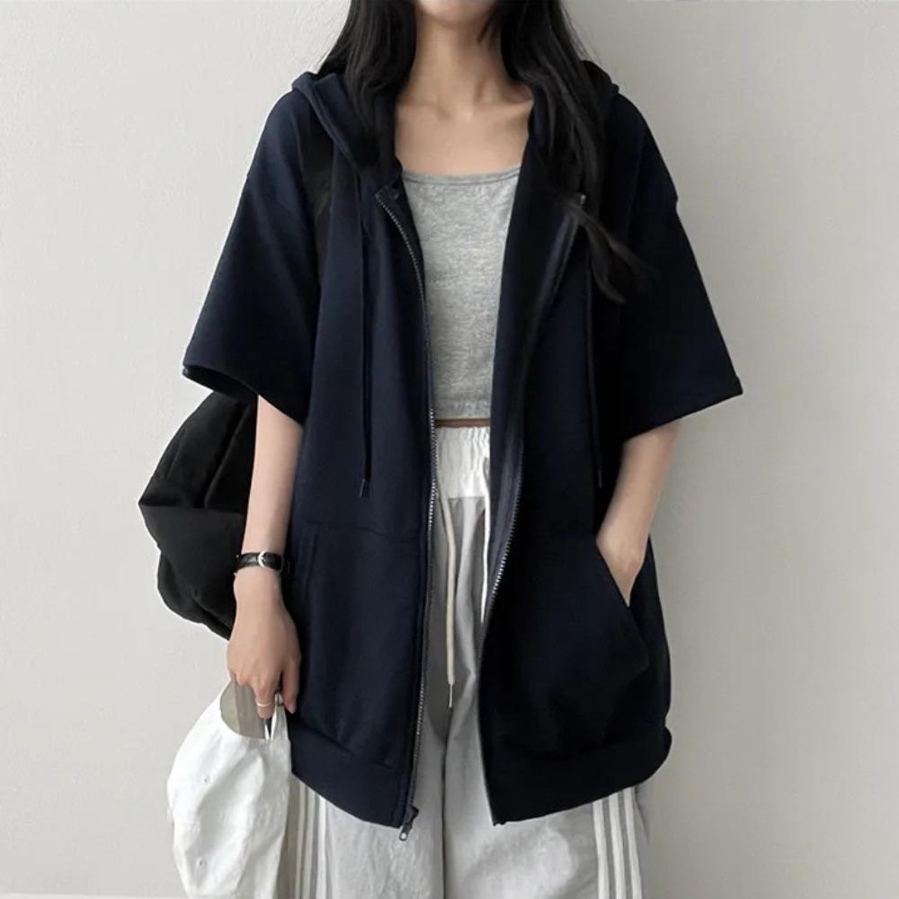 Women's Hooded Short Sleeve Cardigan Loose Fit Lazy Style Zip Up Jacket Casual Sweatshirt Top