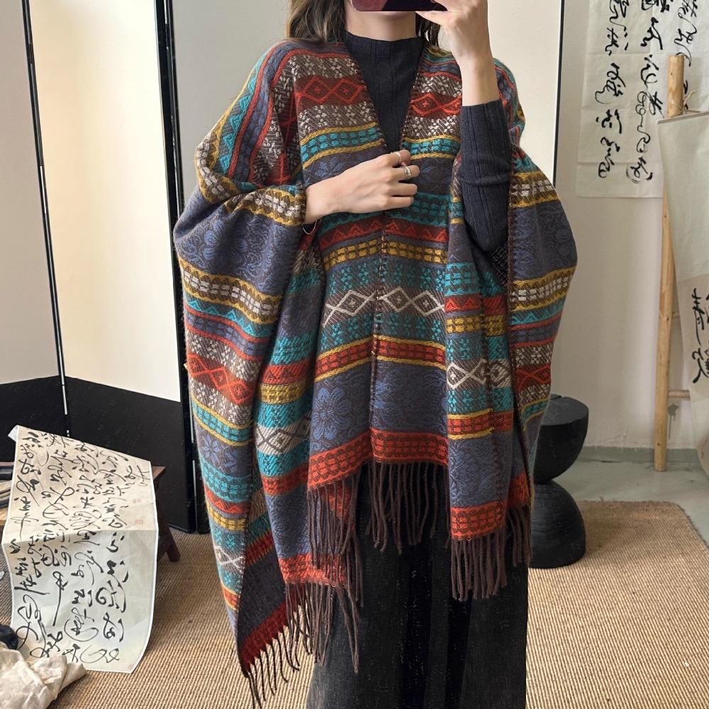 Autumn Winter Ethnic Style Shawl Imitation Cashmere Tassel Scarf Wraps Elegant Shawl Cape