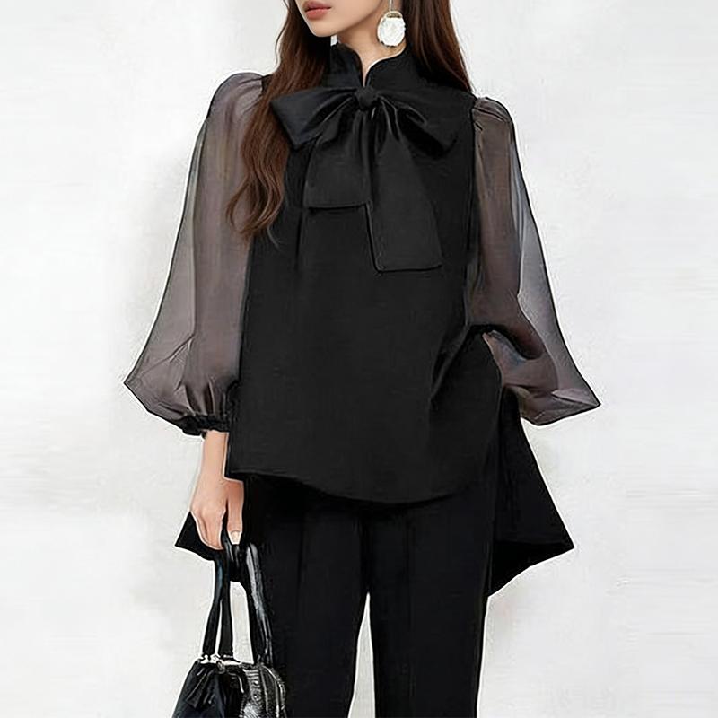 Stand Casual Women Collar Zanzea Seethrough Mesh Splice Nine Quarter Sleeve Elegant Blouse