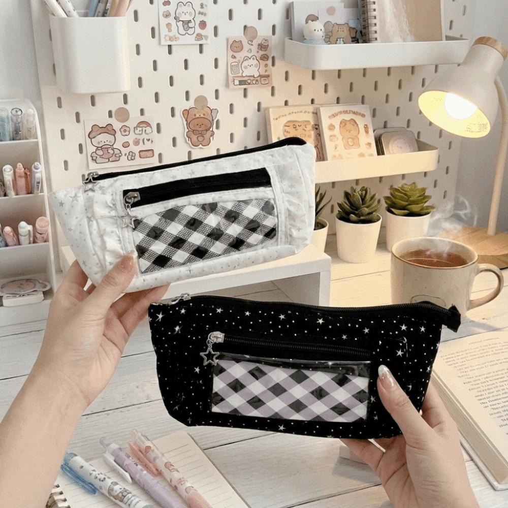 Canvas Star Checkered Pattern Pen Bag Large Capacity Stationery Organizer Pencil Pouch Students