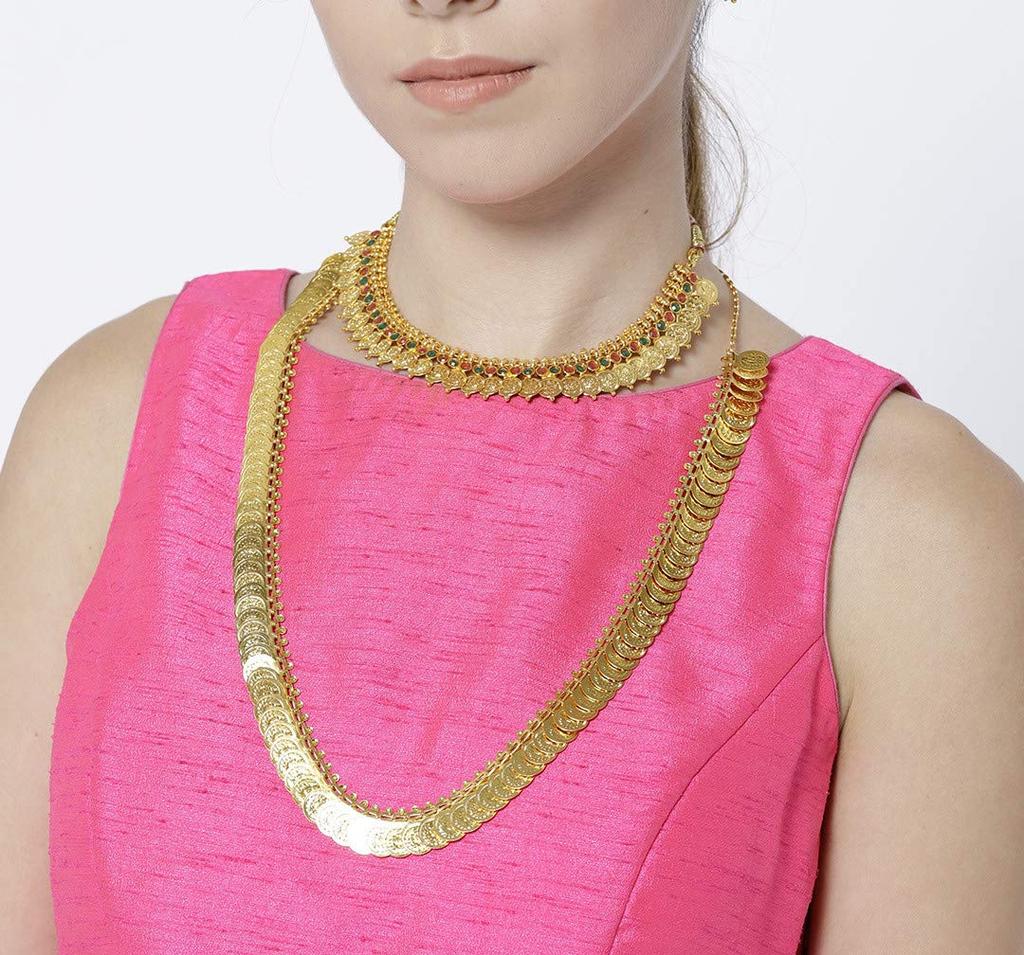 Jewellery Set for Women Gold Plated Long Traditional Coin Necklace Set and Red Green Choker Necklace Jewellery Set with Earrings for Girls and Women