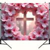 2D Flat Religious Floral Cross Backdrop, Pink Flower Arch with Sparkly Cross for Communion