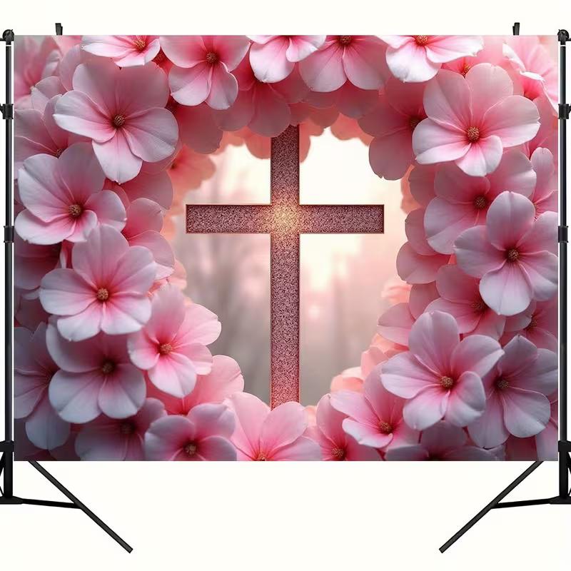 2D Flat Religious Floral Cross Backdrop, Pink Flower Arch with Sparkly Cross for Communion
