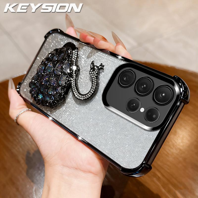 KEYSION Противоударный чехол из ТПУ с гальваническим покрытием для Samsung S24 S25 Ultra S25+ с блестящим инкрустированным драгоценными камнями лебедем-подставкой для Galaxy S24 S25 FE 5G