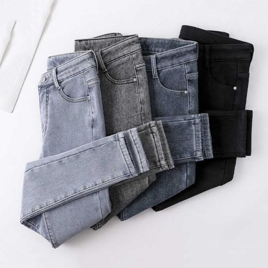 Women Winter Plush Jeans High Waist Thick Velvet Lined Slim Fit Pencil Pants Button Zipper