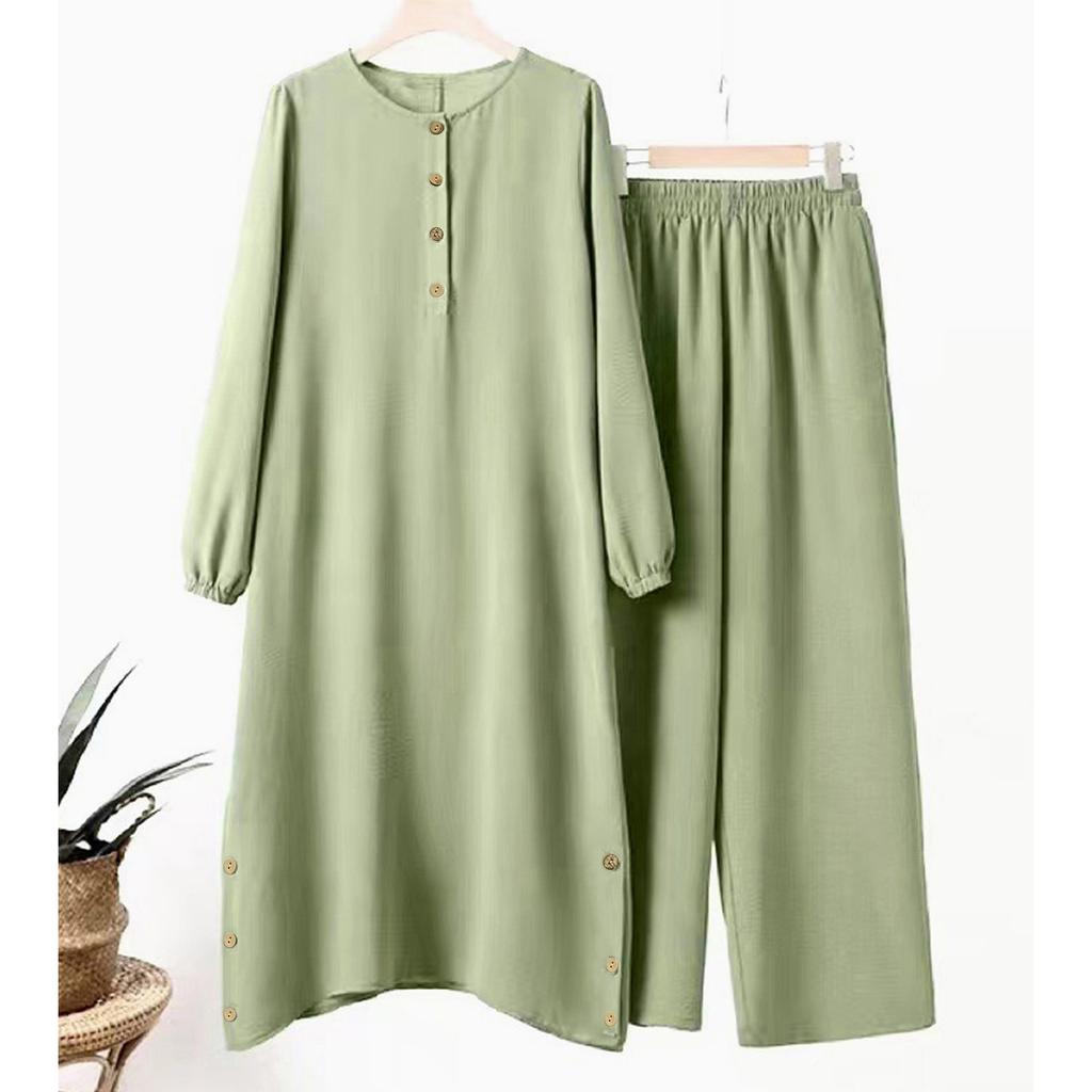 Danmo Women Muslim Two Pieces Set Blouse & Wide Leg Pant Musulman Ensemble Belt Single Button Shirt Ramadan Modest Clothing