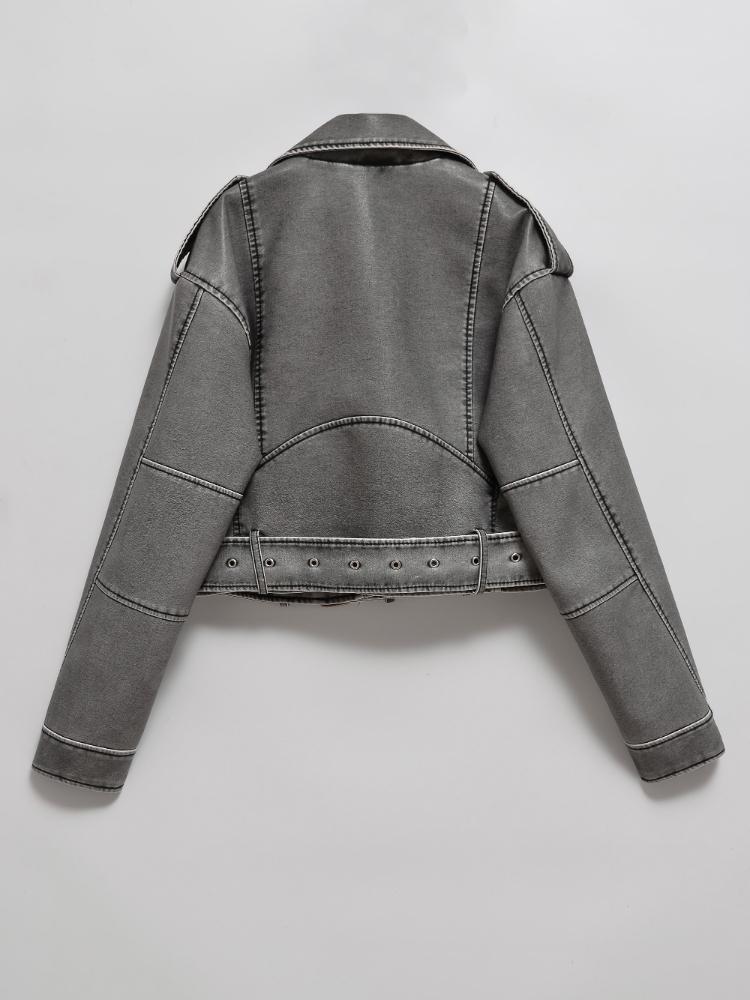 Весна-Осень, женская свободная молния с поясом, короткая куртка из искусственной кожи в стиле ретро, уличная одежда, женское шикарное винтажное пальто, верхняя одежда