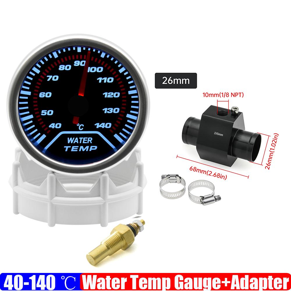 Smoked Faced 40-140℃ 52mm Water Temperature Gauge with Temp Joint Adapter Sensor Hose 26mm-40mm for Gasoline Racing Car 12V