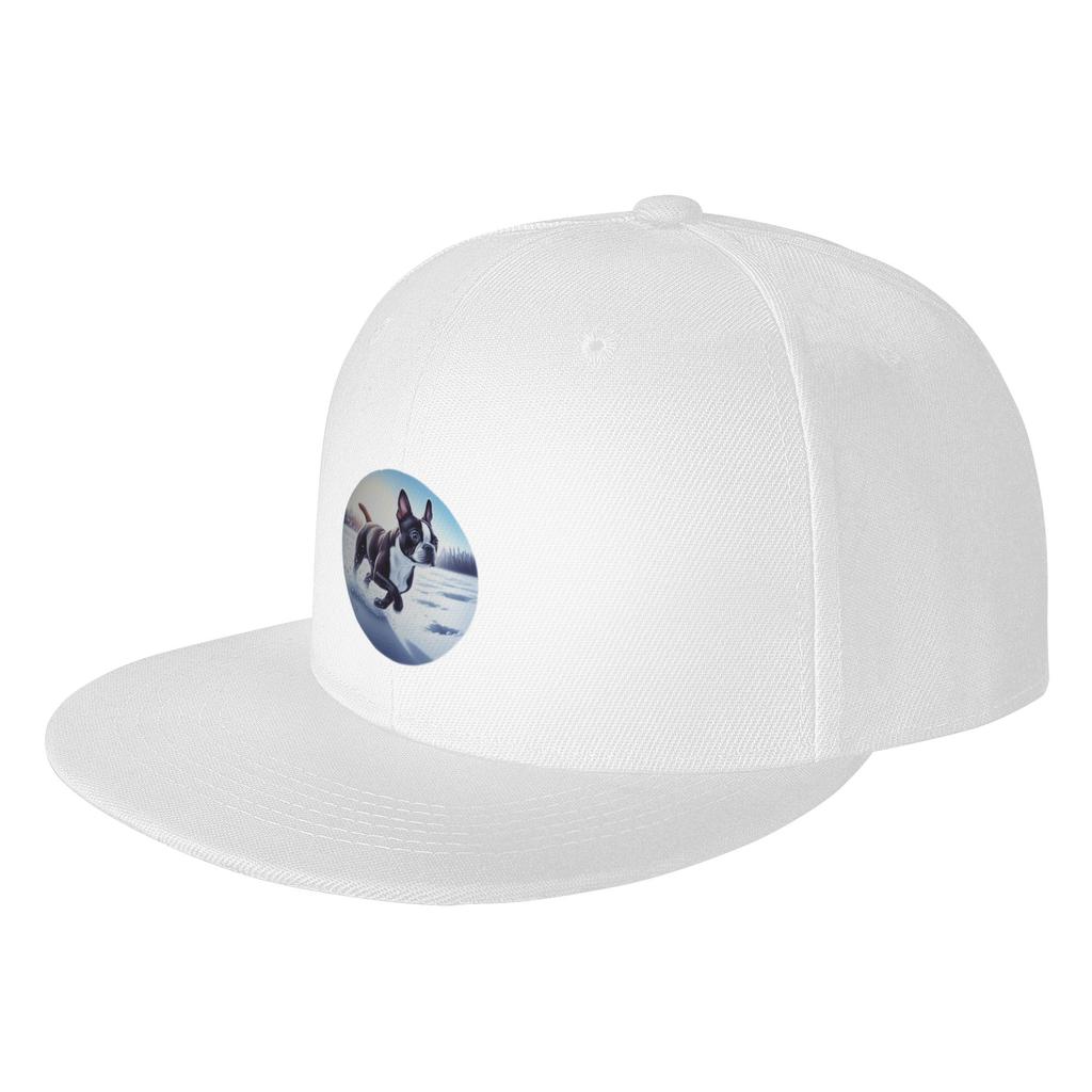 Fashion Boston Terrier Playing in Snow   Winter Pet Joy Illustration Flat Brim Sun Hat  WearResistant And Durable Visor Cap