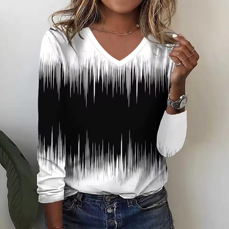 Женская футболка с цветочным графическим принтом, элегантная модная футболка, футболки с длинным рукавом, V-образный вырез, обычные топы, пуловер, осень-зима