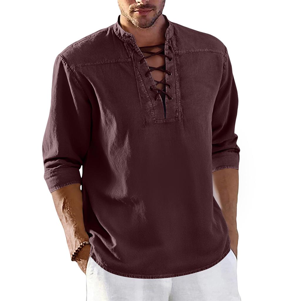Мужская однотонная винтажная рубашка со шнуровкой, воротником-стойкой, свободного кроя, в стиле кэжуал