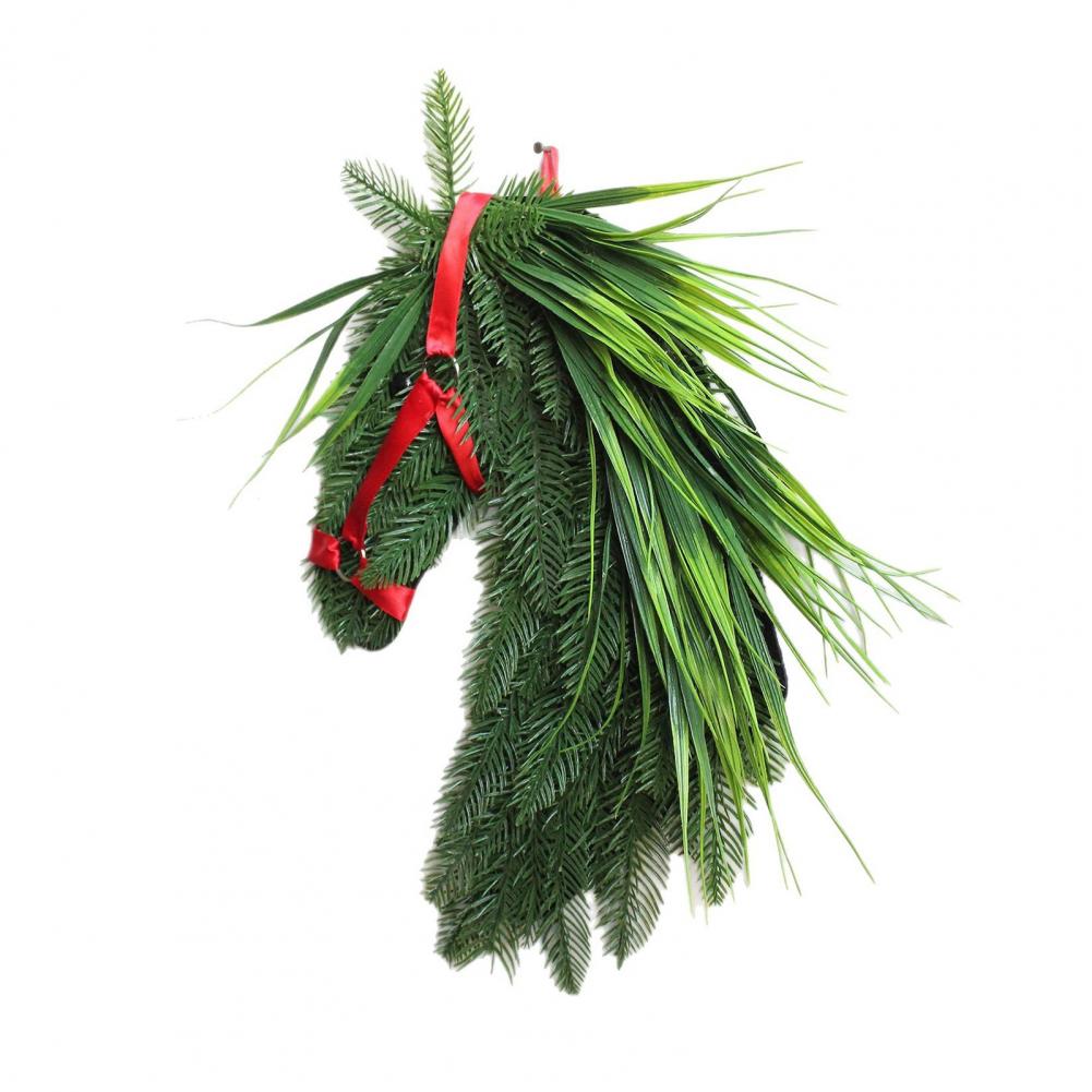 Outdoor Holiday Wreath Holiday Horse Decoration Rustic Horse Head Wreath with Artificial Pine Branches Ribbon Farmhouse Front