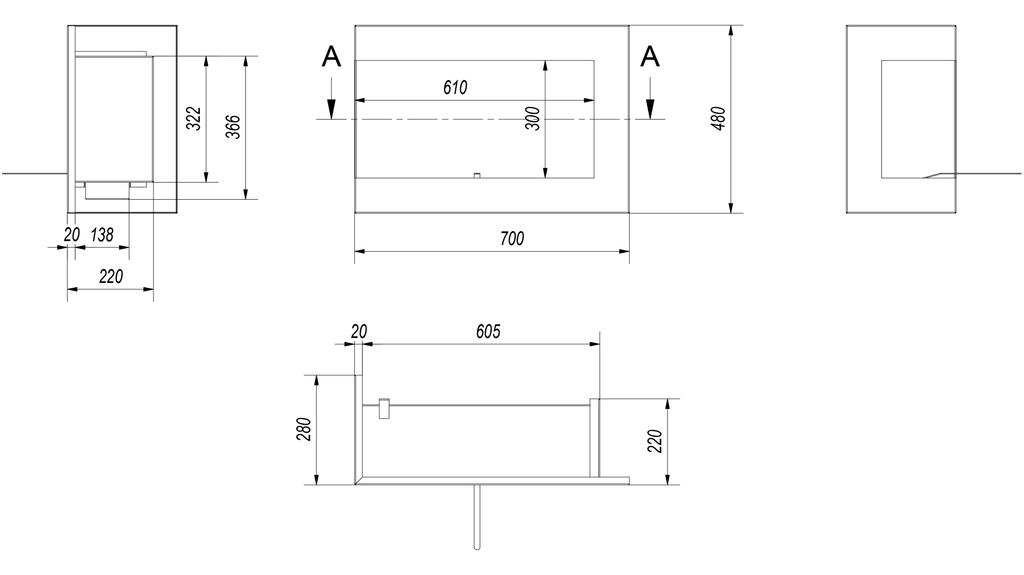 Bioethanol Fireplace 700 TÜV Left-sided with Decorative Stones Set