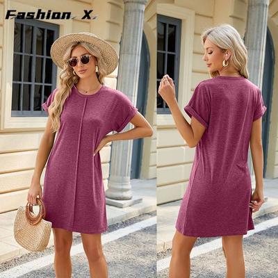 2024 весна и лето новое однотонное свободное платье с круглым вырезом и короткими рукавами для женщин