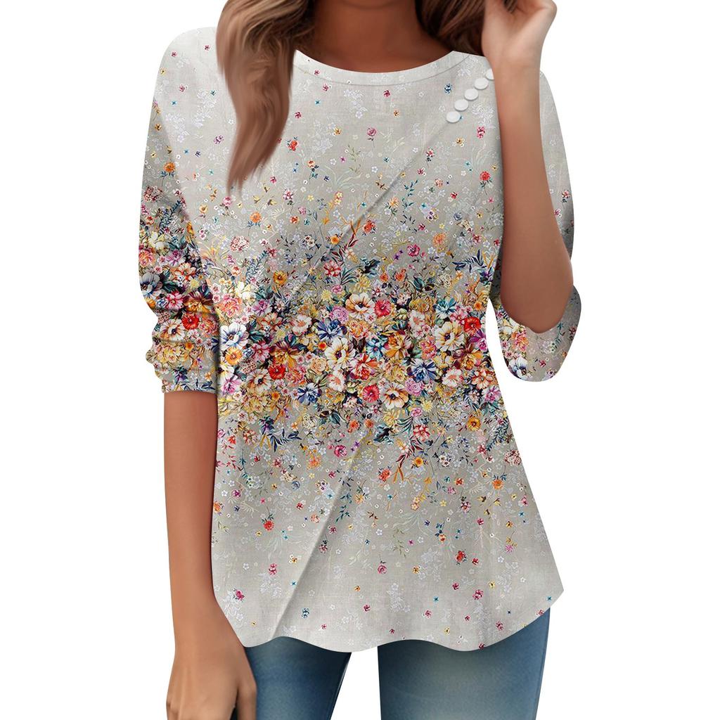 Women's Loose Casual Long Sleeve Top Round Neck Button Pull Stripe Prints T Shirt