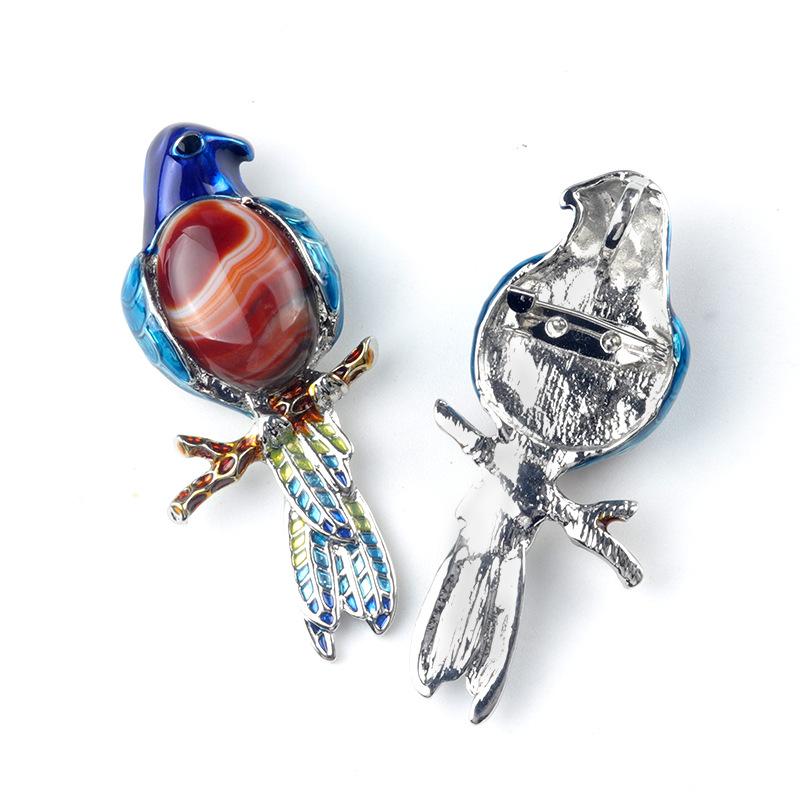 Alloy Inlaid Natural Crystal Agate Parrot Brooch Pendant, Gemstone 2-in-1 Pin & Necklace for Women