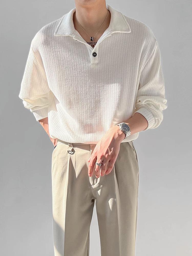 Мужское поло с длинным рукавом из вафельной ткани — модная свободная футболка на весну и осень