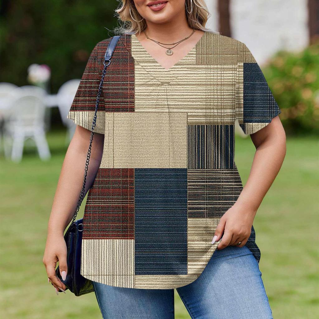 Женская модная повседневная свободная блузка большого размера с коротким рукавом, элегантная с V-образным вырезом, для работы