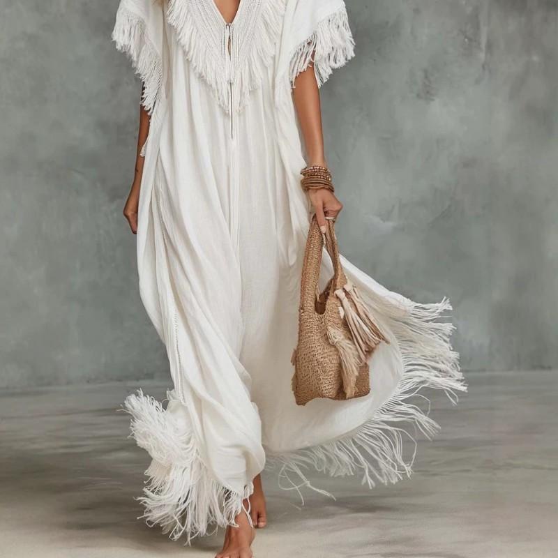 Bohemian V Neck White Maxi Dress With Tassel Flowy Beach Casual