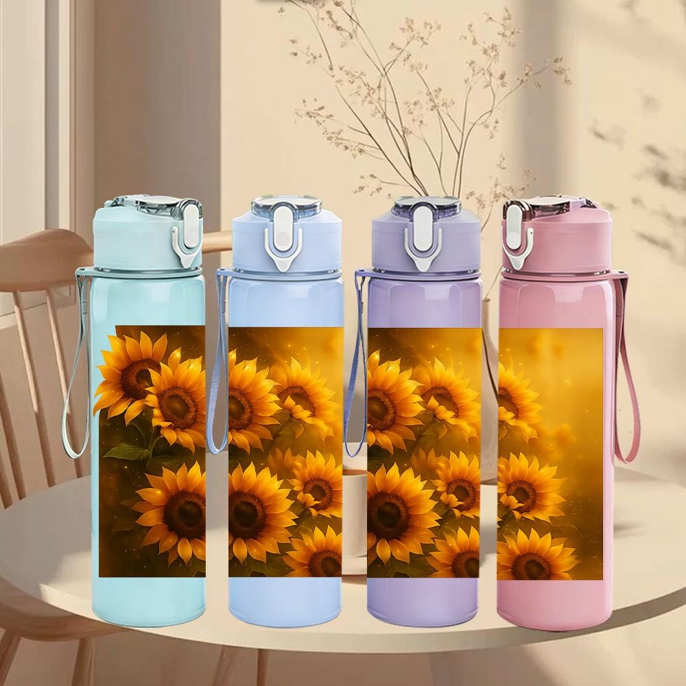 1PC Bright Sunflower Flower Print 750ml Color Plastic Sports Water Bottle Leakproof Flip Straw Lid Suitable for Sports Office Home Use