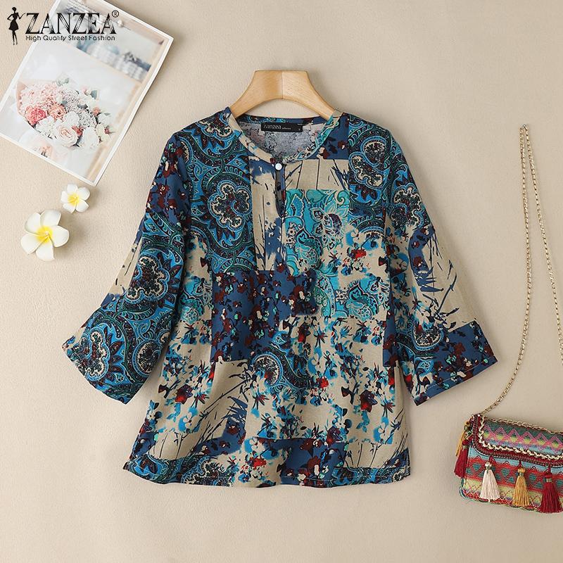 ZANZEA Женская свободная повседневная блузка с этническим принтом и рукавом 3/4