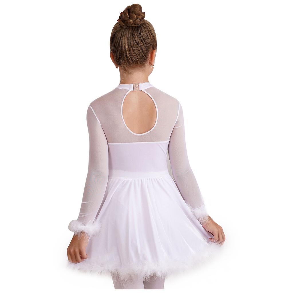 Girls Christmas Shiny Sequin Dance Dress Long Sleeve Feather Keyhole Back Jumpsuit Dress Performance Costume