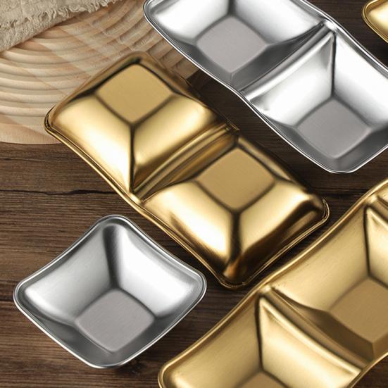 1/2/3 Grids Stainless Steel Seasoning Dish Korean Metal Barbecue Sauce Dipping Dish Plate BBQ Restaurant Kitchen Tableware