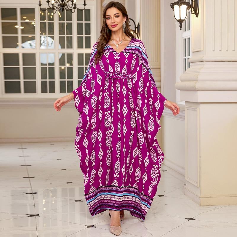 Женская мода весна осень геометрический принт длинный рукав V-образный вырез свободная талия повседневные платья