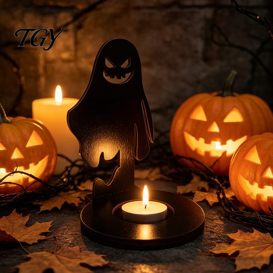 Unique Housewarming Gift Halloween Wooden Shadow Candle Holder, Scarecrow Bat Black Cat Ghost Silhouette Durable Garden Patio Decor Candlestick,