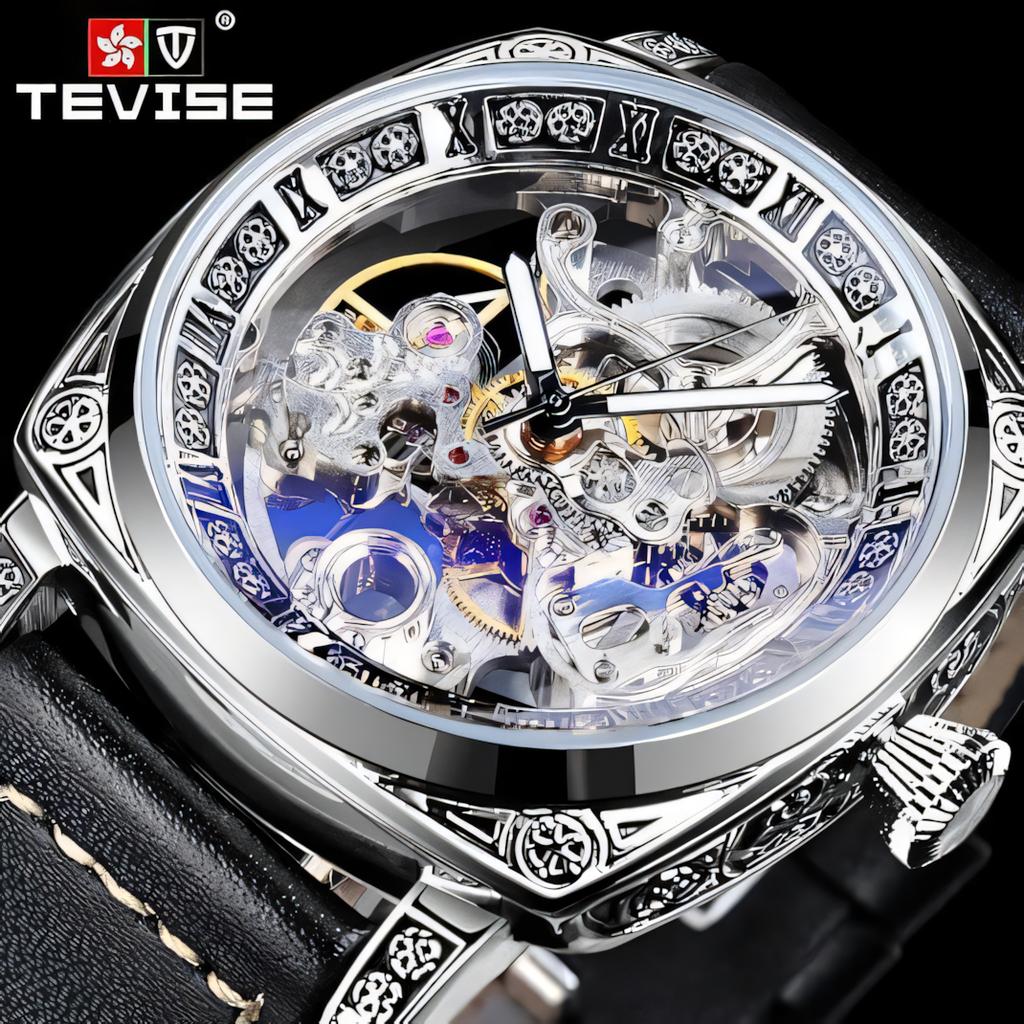 TEVISE Square Luxury Retro Mechanical Watch for Men Hollow Skeleton Self-Wind Carved Automatic Watches Vintage Leather Strap Wristwatch