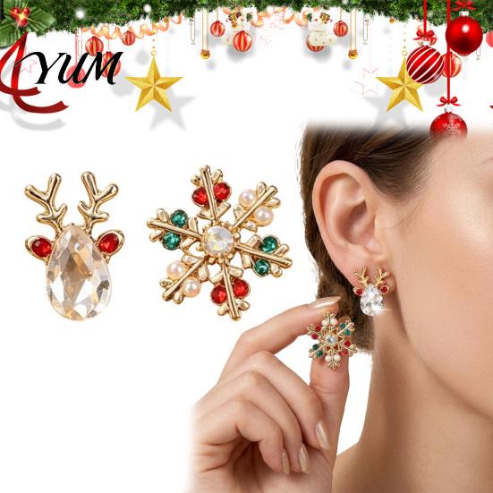 Rhinestone Christmas Jewelry 1 Pair Stud Earrings, Sparkling Faux Crystal Elk Antlers Elegant Studs And Snowflake Colorful Holiday Gifts for