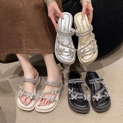 Крутые шлепанцы на толстой подошве с бантом из страз, женские, летняя новинка, модные, на танкетке Baidai, на платформе, шлепанцы на одной перемычке