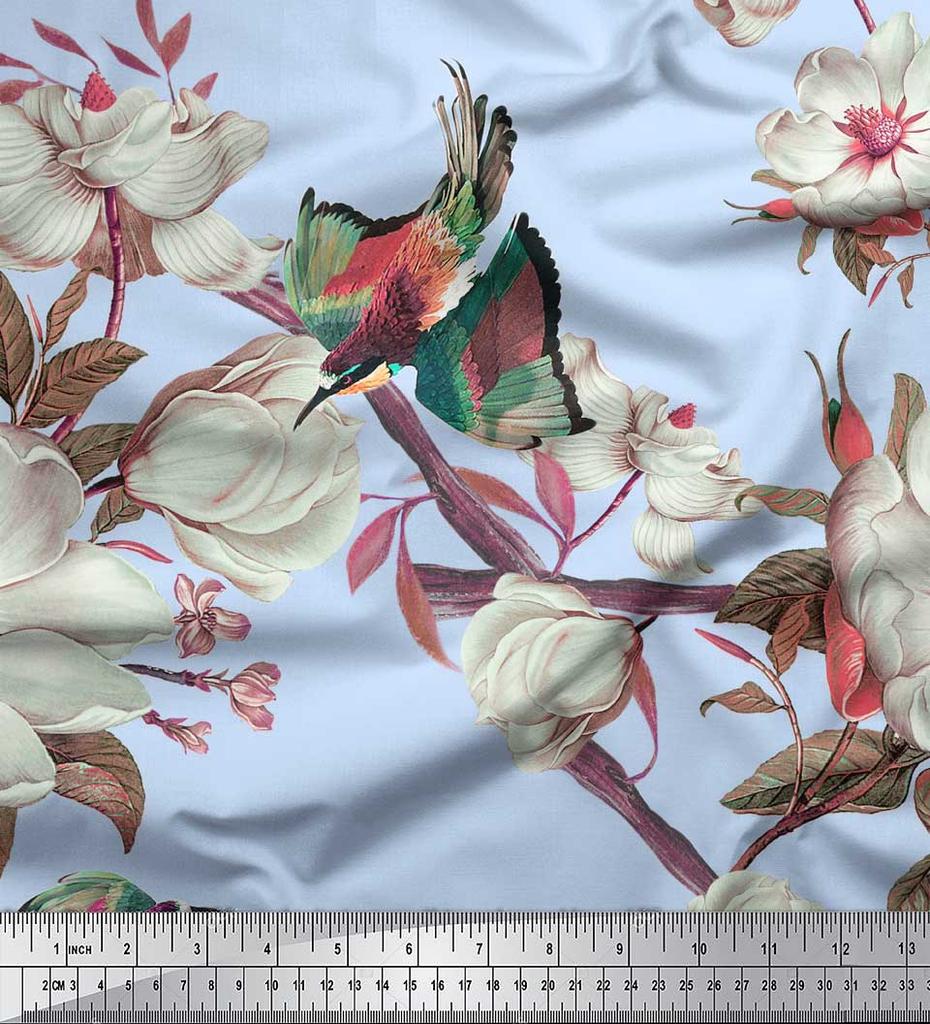 Soimoi Серая полиэфирная креповая ткань с цветочным принтом и принтом зимородка, 42 дюйма по метрам