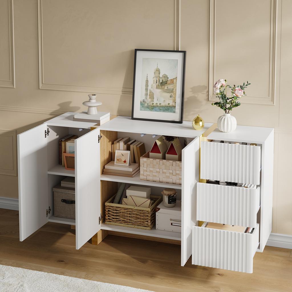 Sideboard, Vertically Fluted Front, 3 Swing Doors, 3 Drawers, Golden Decorative Strips, Wood-Look Base, Soft-Close Hinges, Storage Cabinet