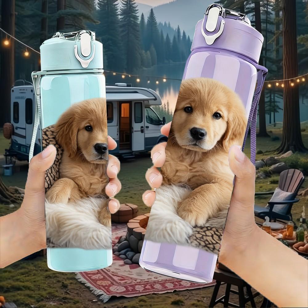 1PC Sleepy Puppy Fluffy Dog Print 750ml Color Plastic Sports Water Bottle Leakproof Flip Straw Lid Suitable for Sports Office Home Use