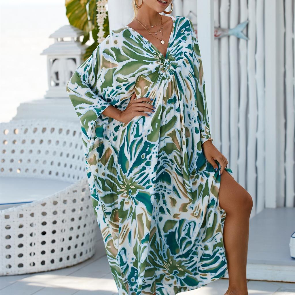 YYFS Женская мода отпуск лето весна зеленый камуфляжный принт с длинным рукавом и v-образным вырезом повседневные платья