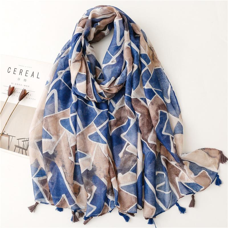 Spain Lovely Polka Floral Line Tassel Viscose Shawl Scarf Lady High Quality Wrap Thin Pashmina Stole Muslim Hijab 180*90Cm