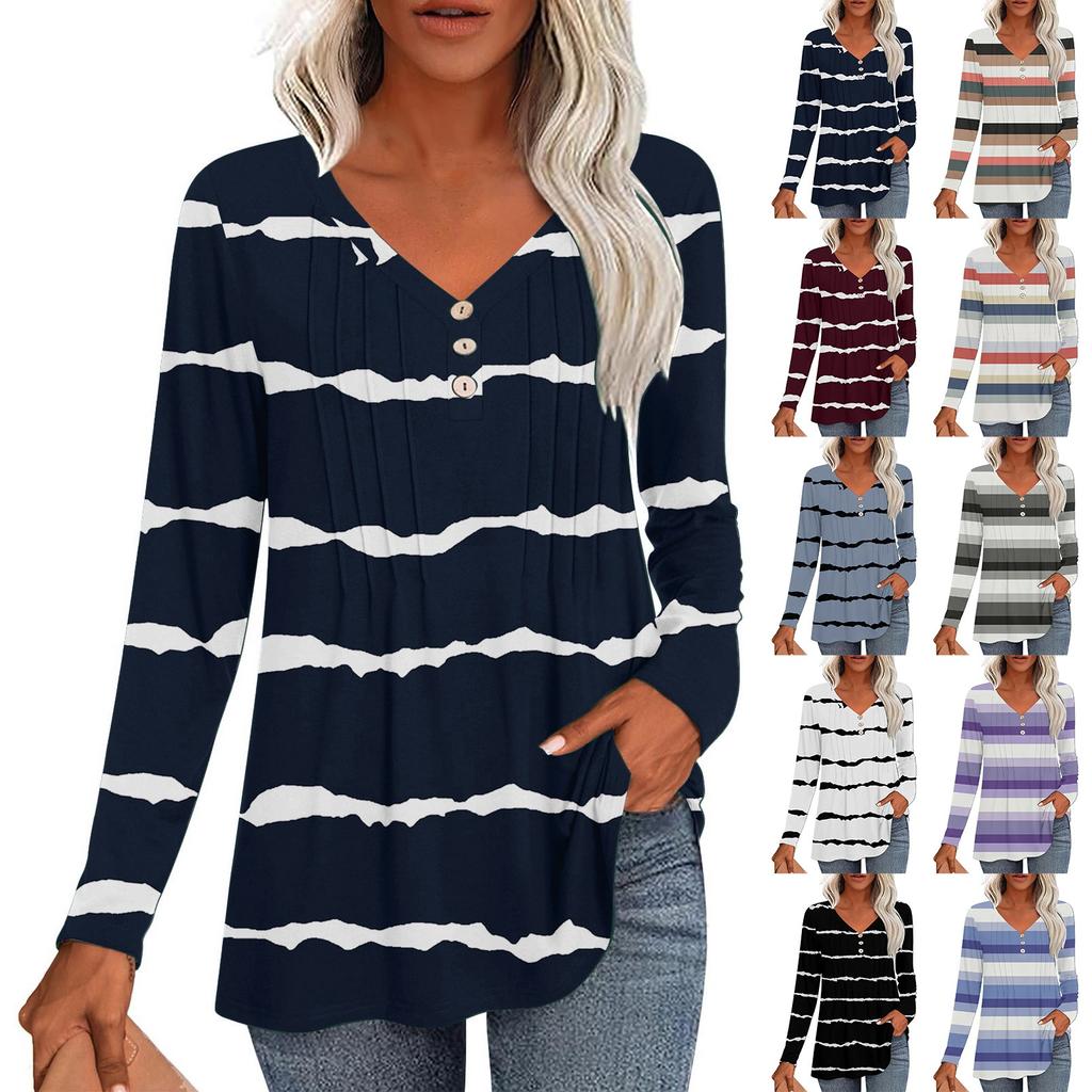 Women's Fashion Casual Pleated V-Neck Striped Printed Long Sleeve T-Shirt Top