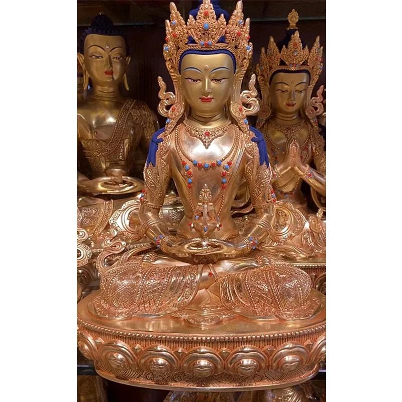 32 см тибетская позолоченная статуя Будды долголетия из чистой меди, украшение для бутика, статуя Будды долголетия
